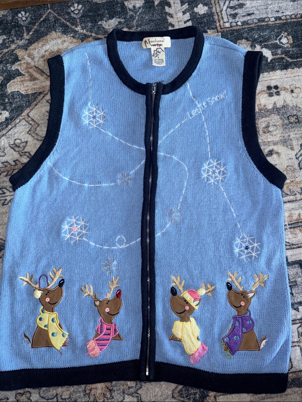 Bechamel Winter Holiday Women’s Reindeer Zip Front Sweater Vest with Black Trim